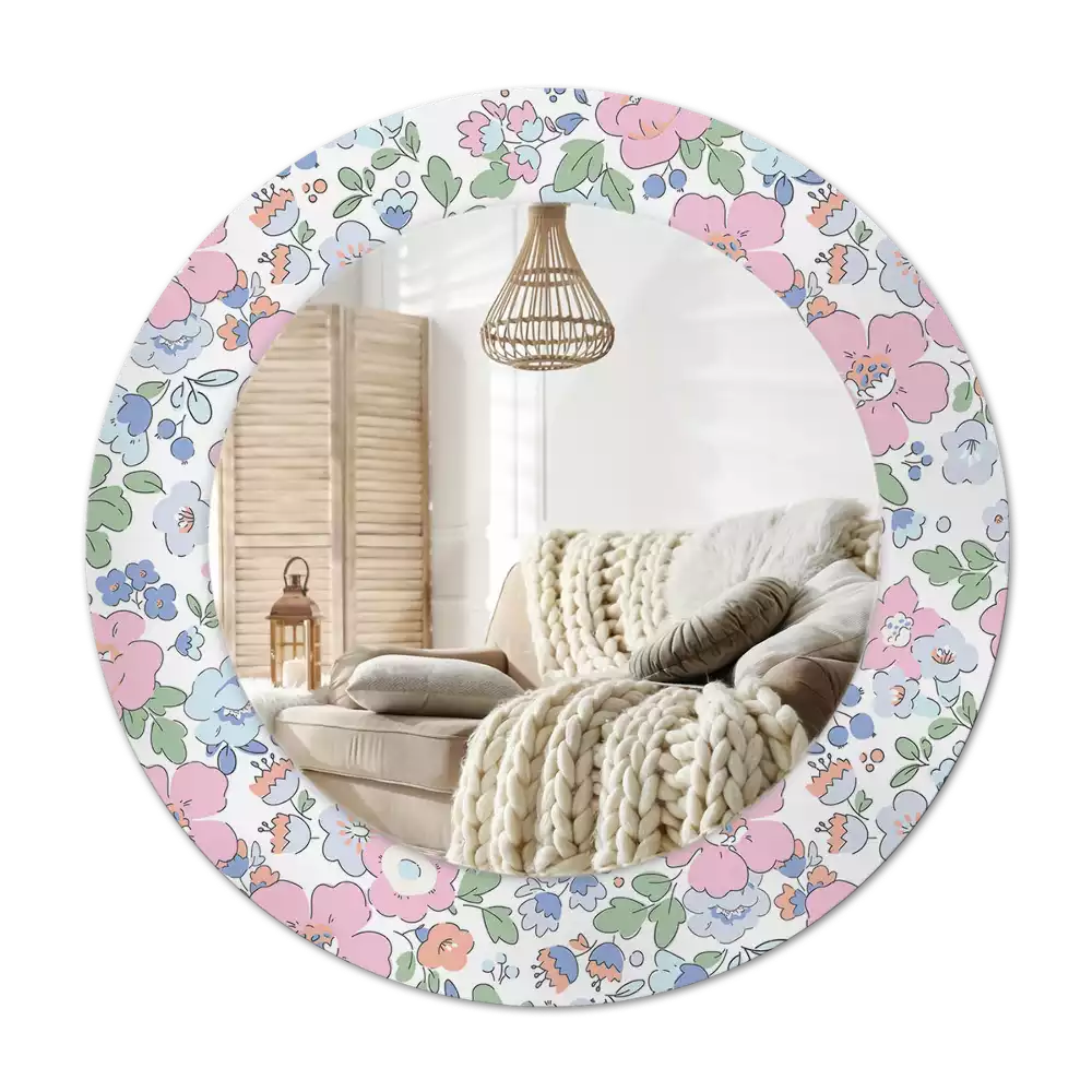 Rond spegel med tryckt ram Färgglada blommor