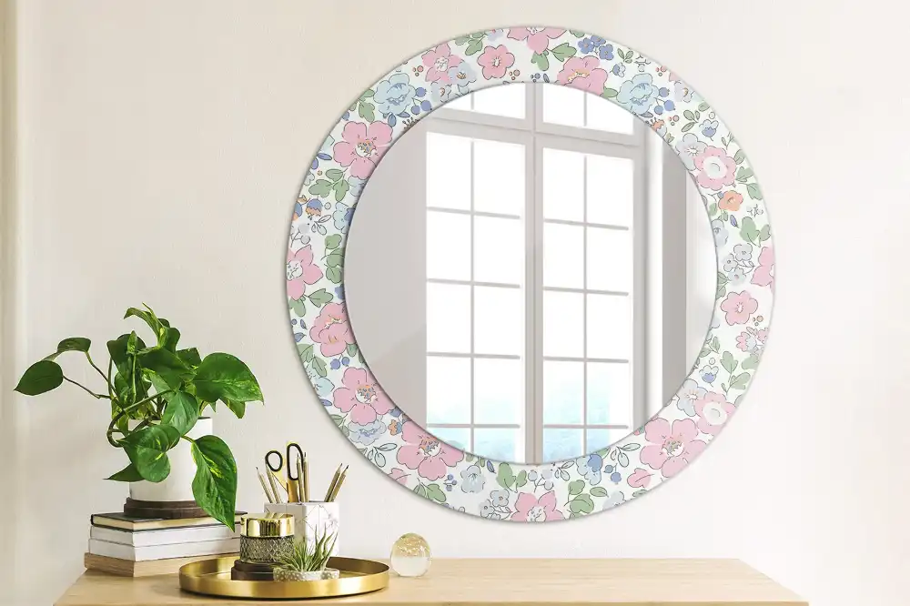 Rund spegel med tryckt ram Färgglada blommor
