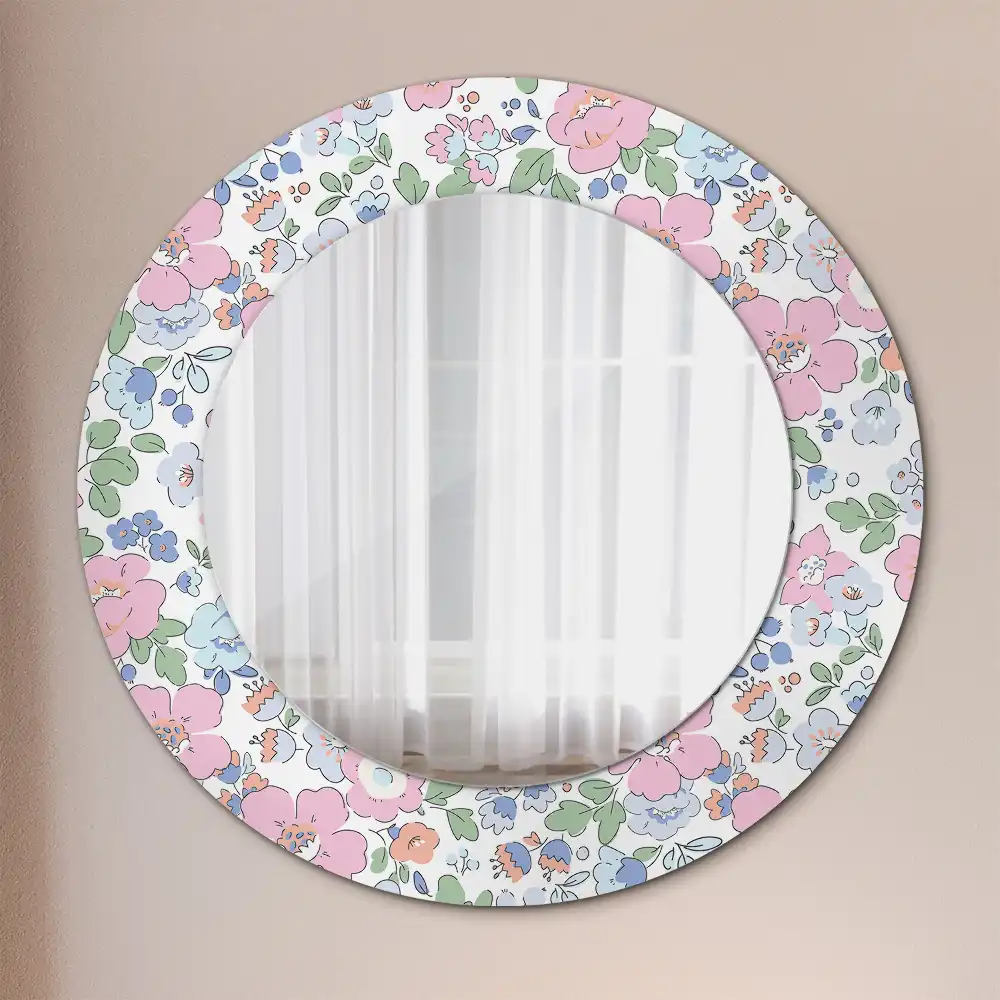 Rund spegel med tryckt ram Färgglada blommor