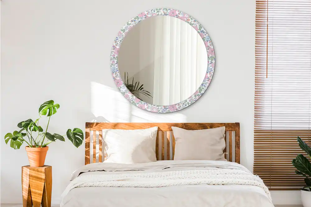 Rund spegel med tryckt ram Färgglada blommor