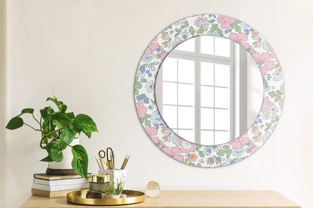 Rund spegel med tryckt ram Färgglada blommor
