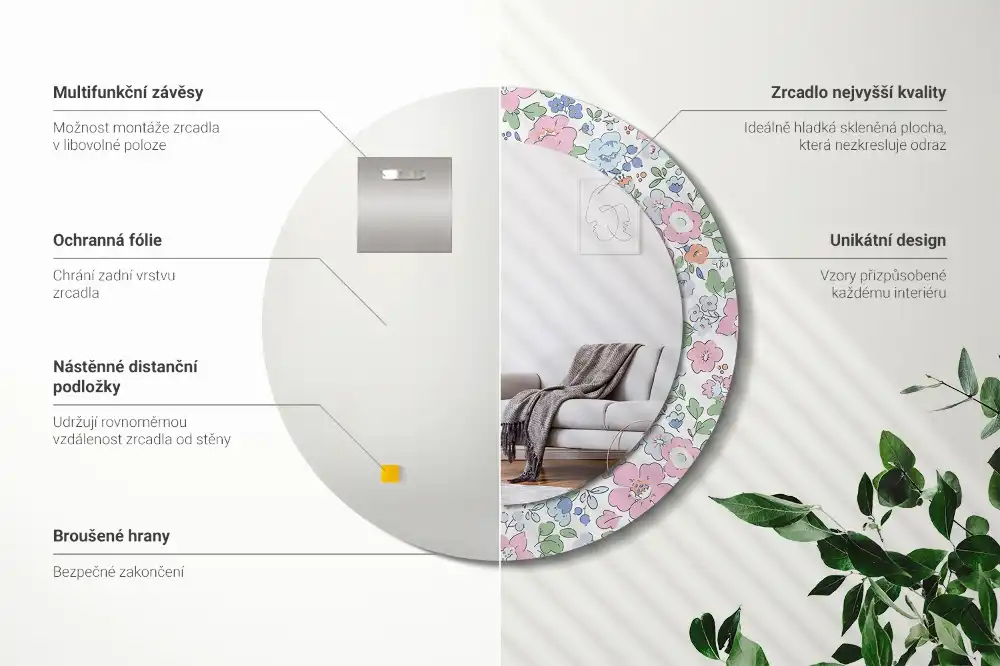 Rund spegel med tryckt ram Färgglada blommor