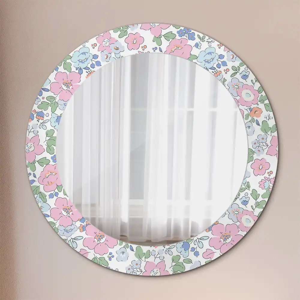 Rund spegel med tryckt ram Färgglada blommor