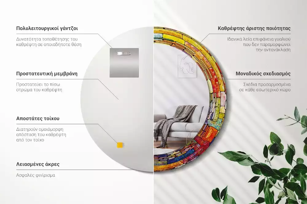 Rund spegel med tryckt ram Färgglatt målat glas