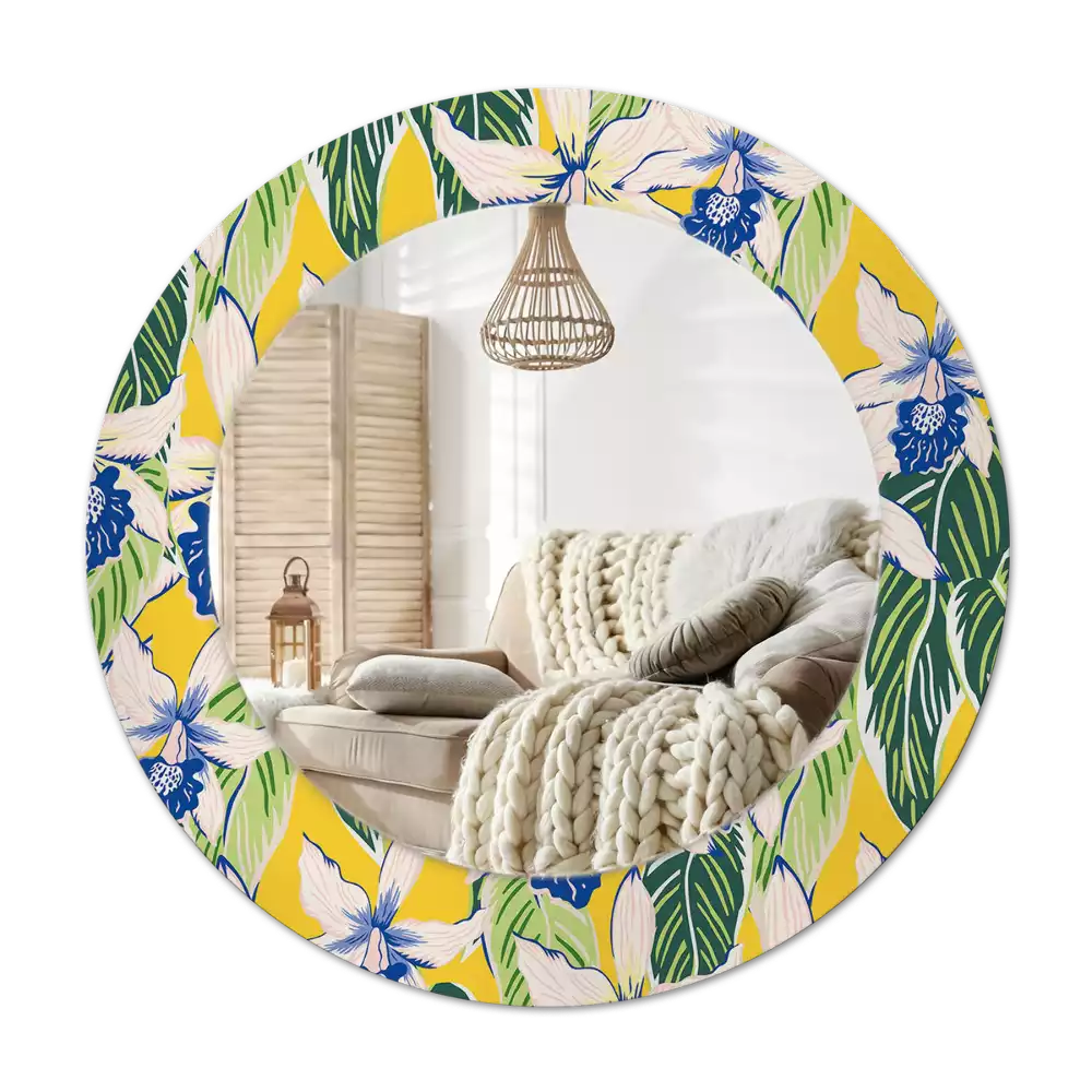 Rund spegel med tryckt Orkidéer