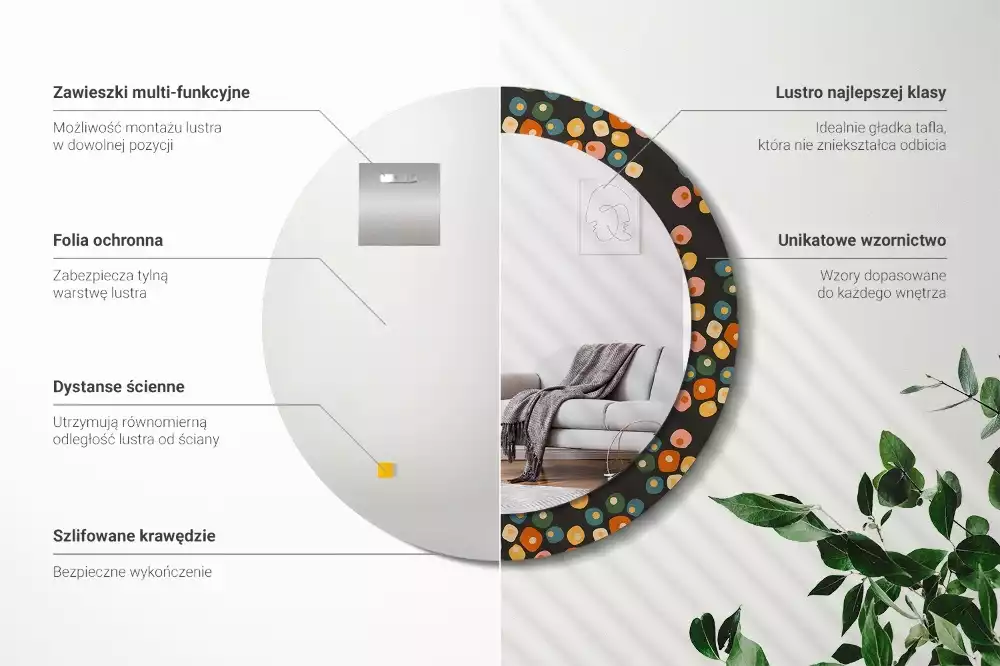 Rund spegel med tryckt ram Blomma prickar