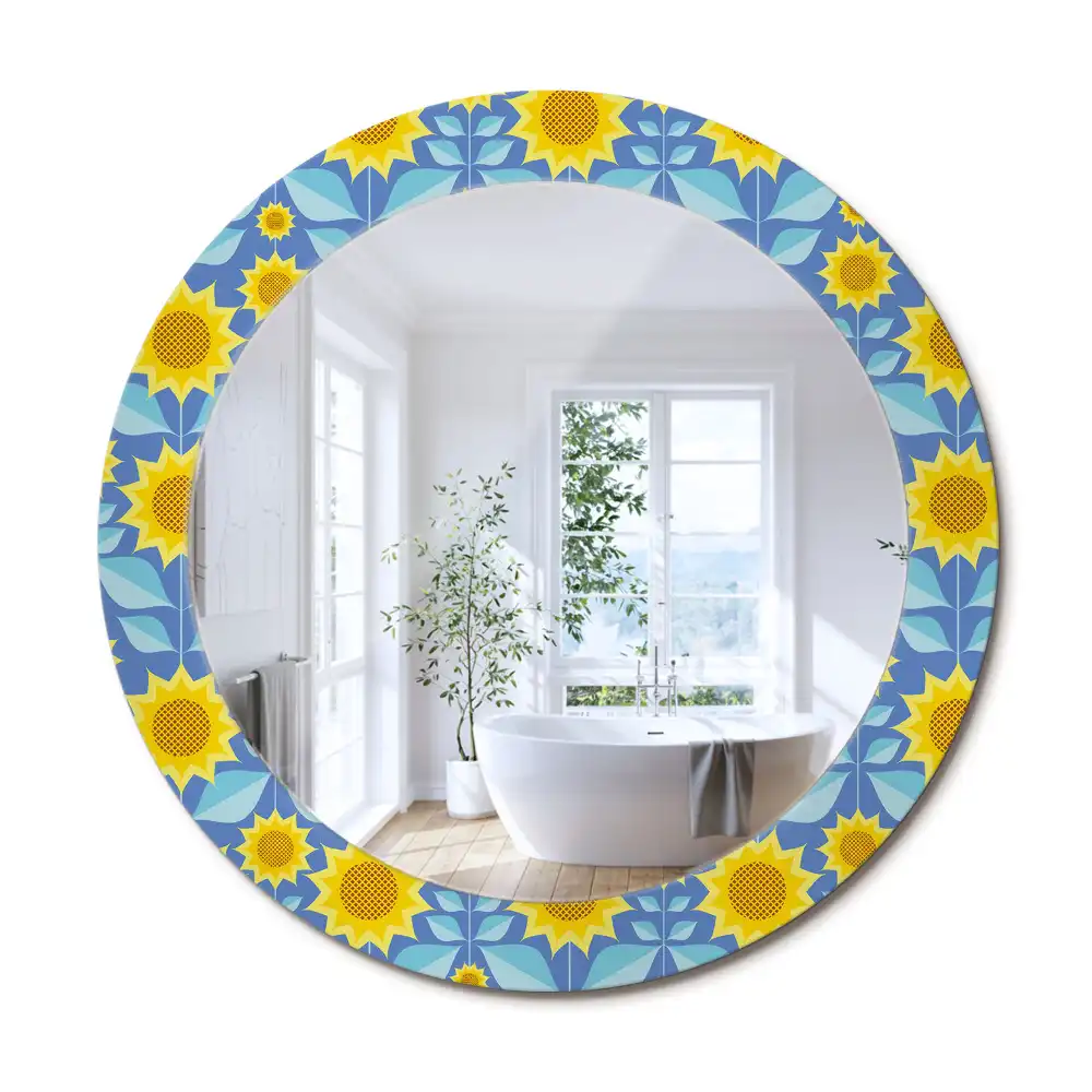 Rund spegel med tryckt ram Geometriska solrosor