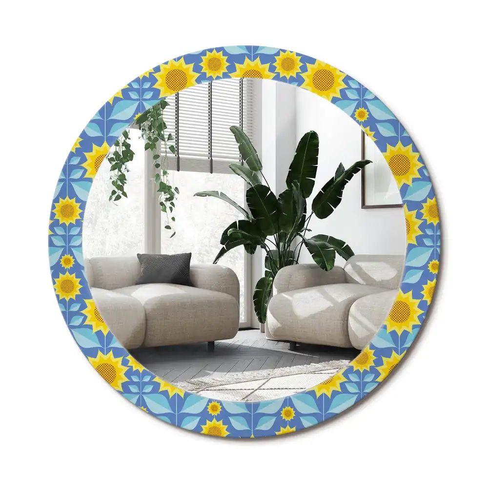 Rund spegel med tryckt ram Geometriska solrosor