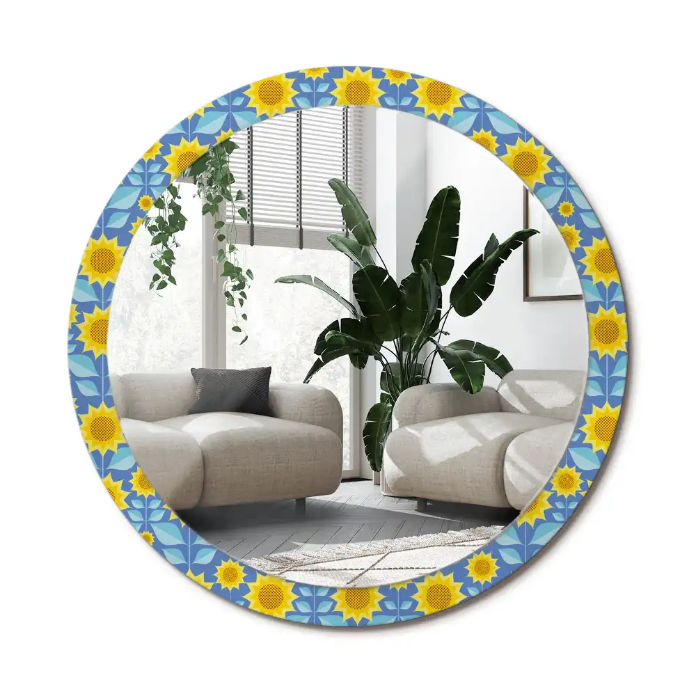 Rund spegel med tryckt ram Geometriska solrosor