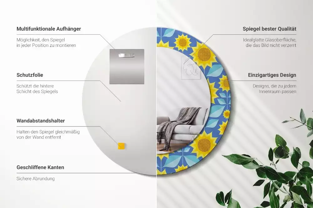 Rund spegel med tryckt ram Geometriska solrosor