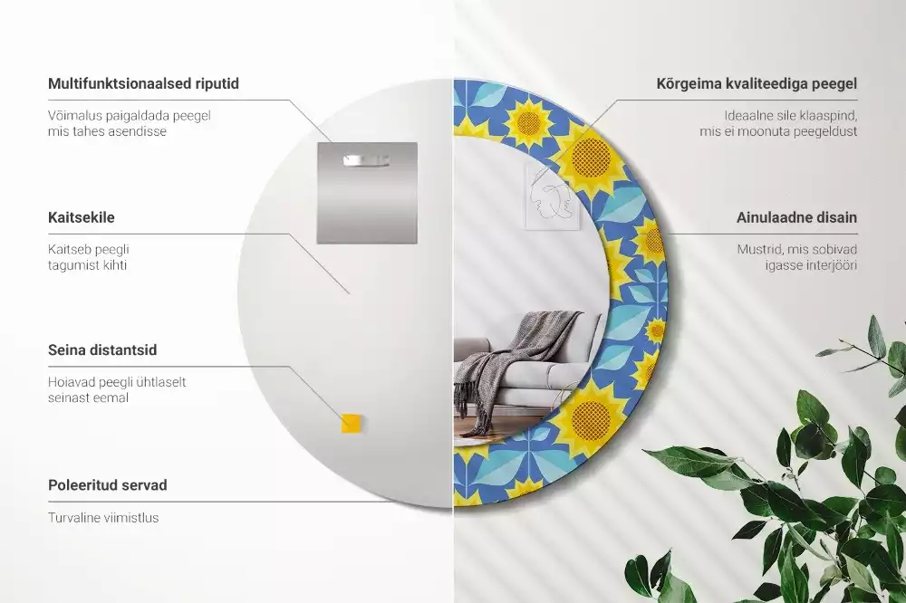 Rund spegel med tryckt ram Geometriska solrosor