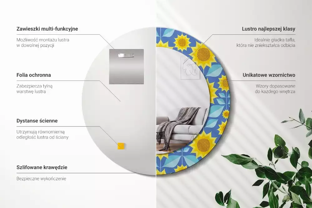 Rund spegel med tryckt ram Geometriska solrosor