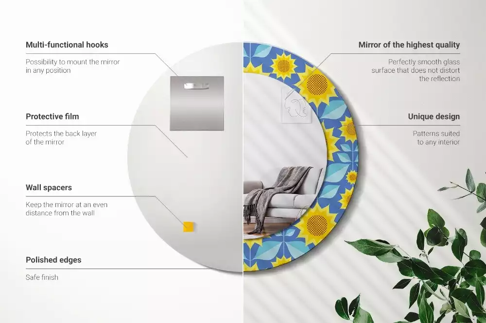 Rund spegel med tryckt ram Geometriska solrosor