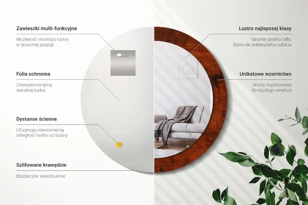 Rund spegel med tryckt Naturligt trä