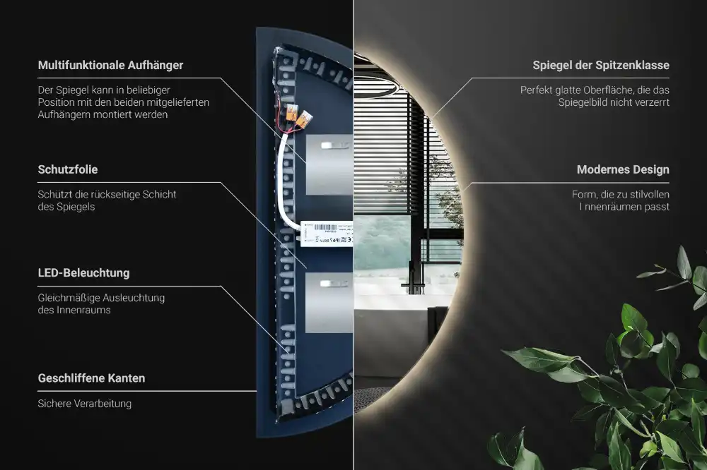 Spegel halvcirkel med LED belysning