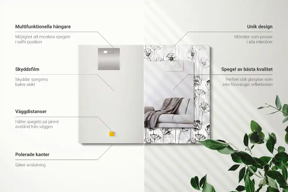 Dekorativ spegel med tryck Blommor monokromt mönster