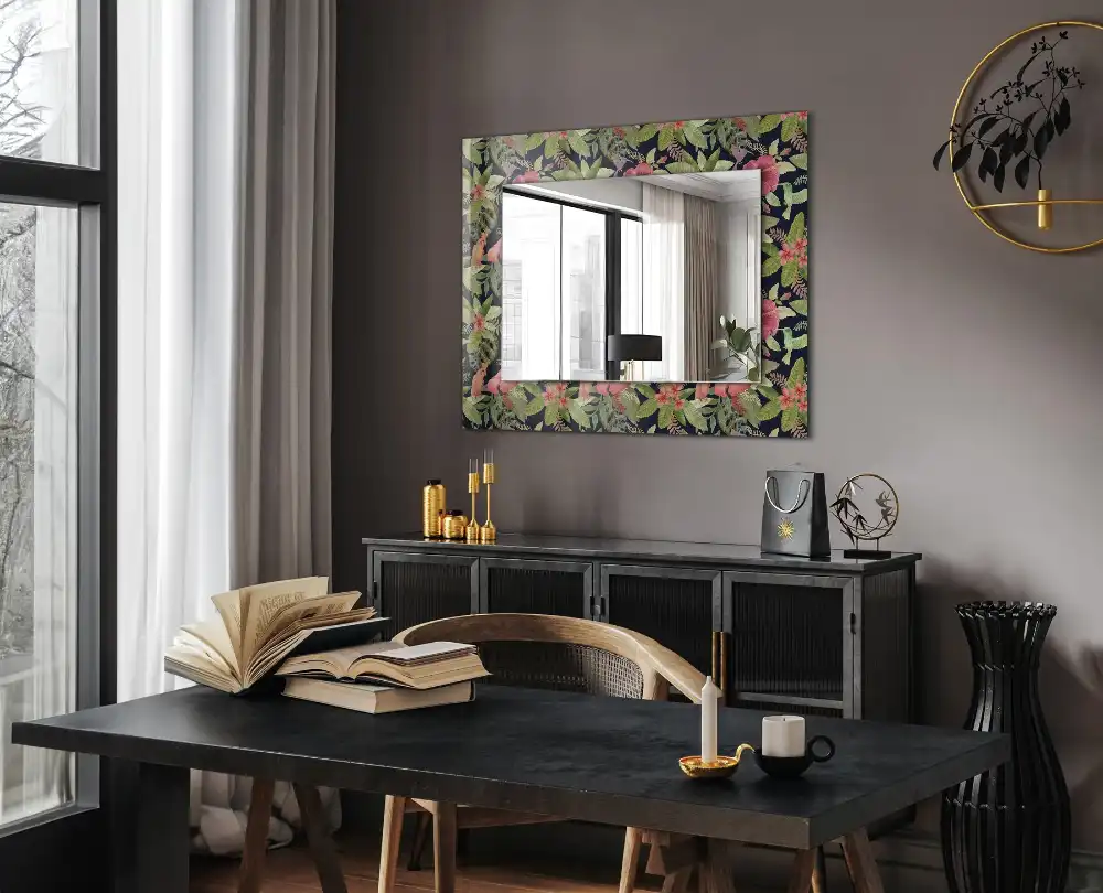 Rektangulär spegel med tryck Blommor och fåglar