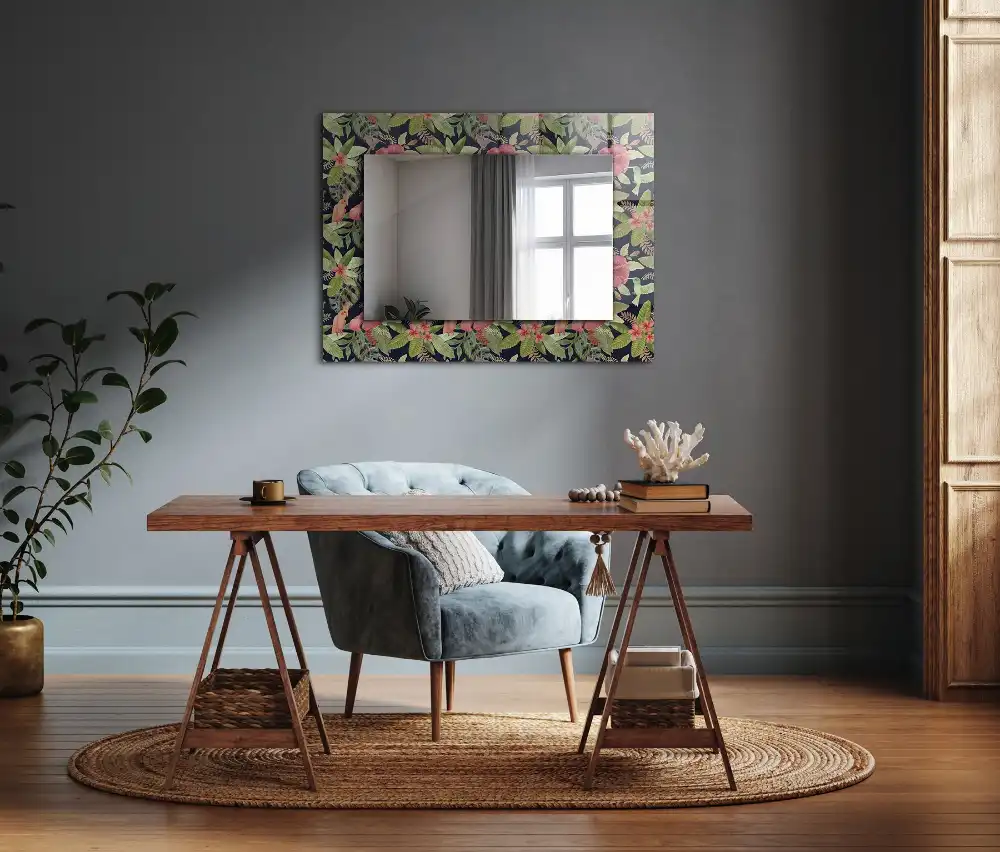 Rektangulär spegel med tryck Blommor och fåglar