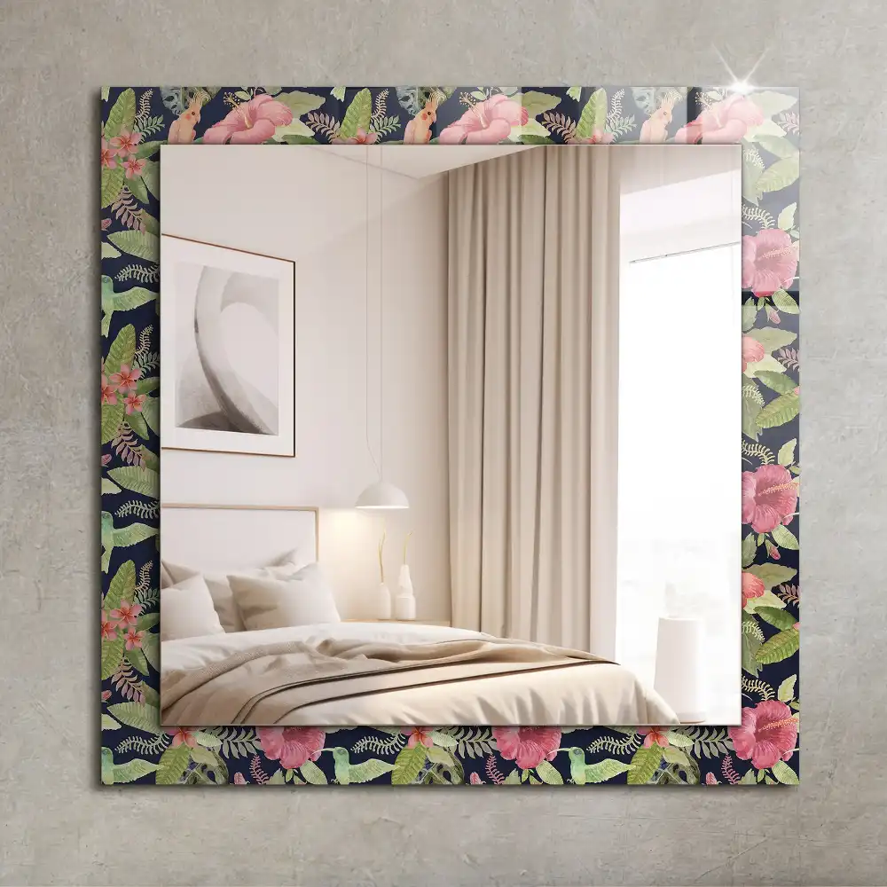 Rektangulär spegel med tryck Blommor och fåglar