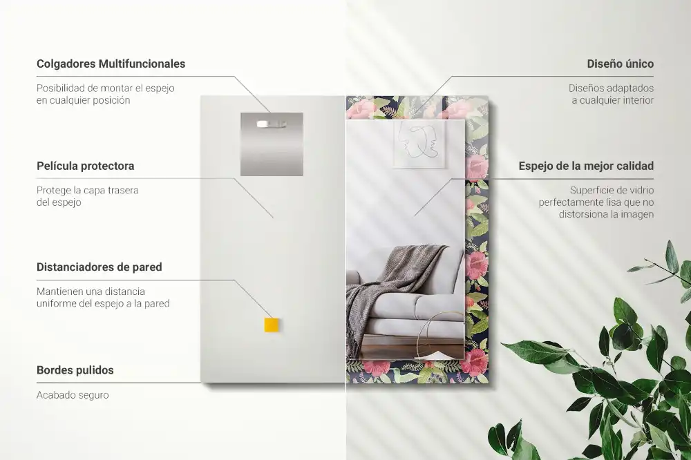 Rektangulär spegel med tryck Blommor och fåglar
