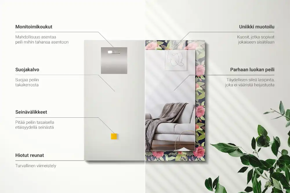 Rektangulär spegel med tryck Blommor och fåglar