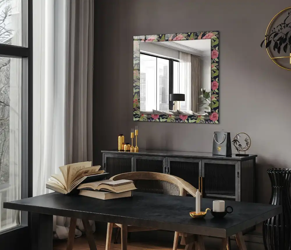 Rektangulär spegel med tryck Blommor och fåglar