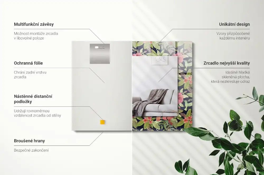 Rektangulär spegel med tryck Blommor och fåglar