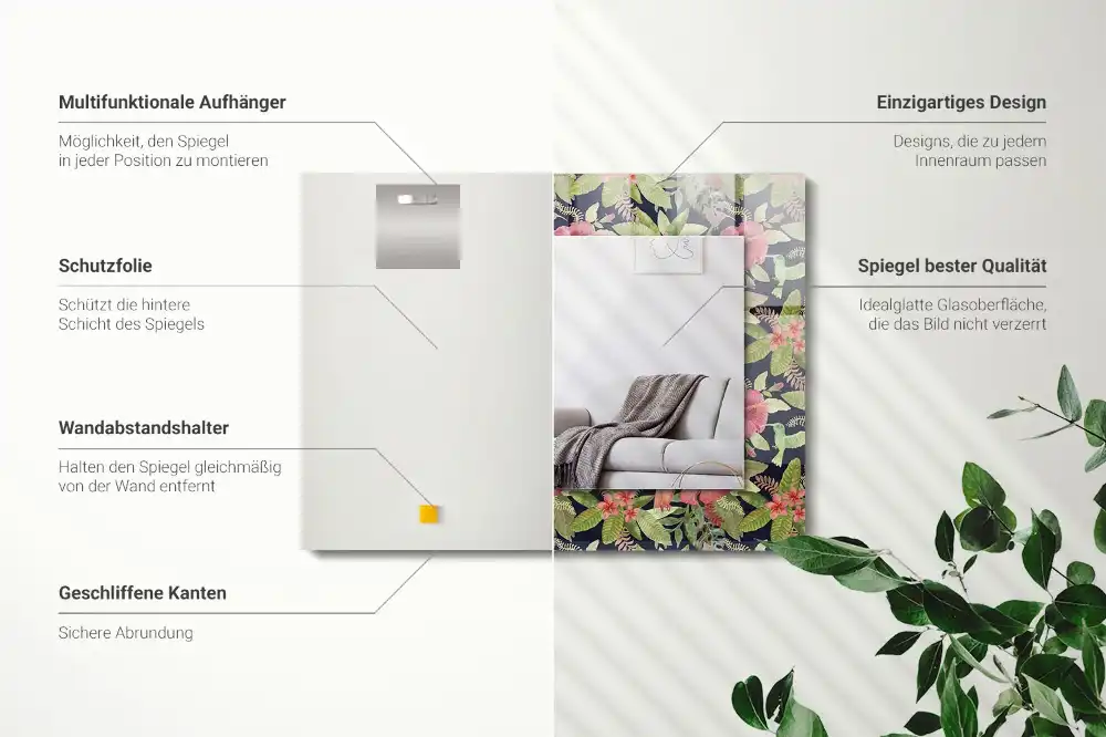Rektangulär spegel med tryck Blommor och fåglar