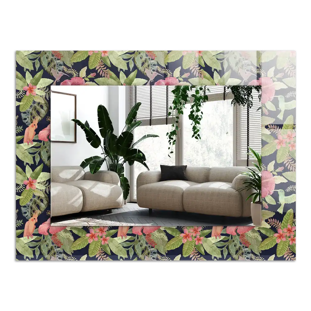Rektangulär spegel med tryck Blommor och fåglar