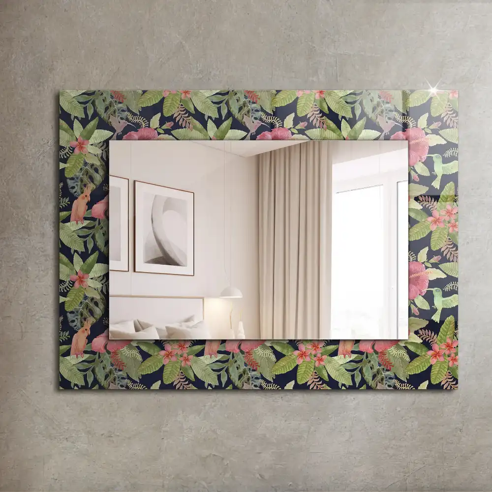 Rektangulär spegel med tryck Blommor och fåglar
