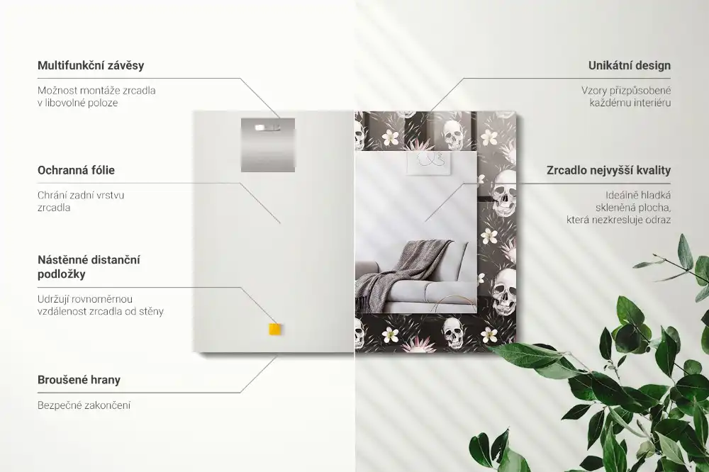 Dekorativ spegel med tryck Döskallar och blommor