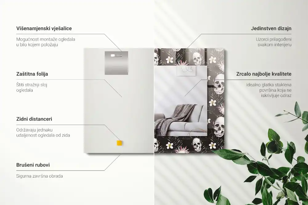 Dekorativ spegel med tryck Döskallar och blommor