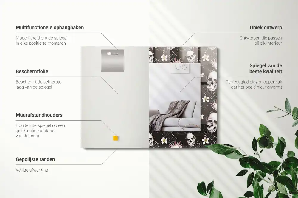 Dekorativ spegel med tryck Döskallar och blommor