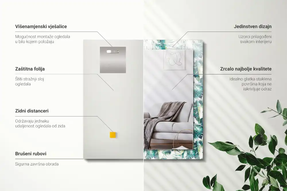 Rektangulär spegel med tryck Gröna tropiska löv