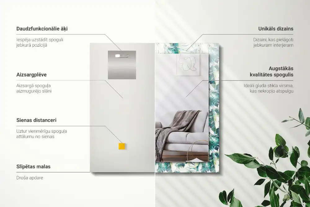 Rektangulär spegel med tryck Gröna tropiska löv