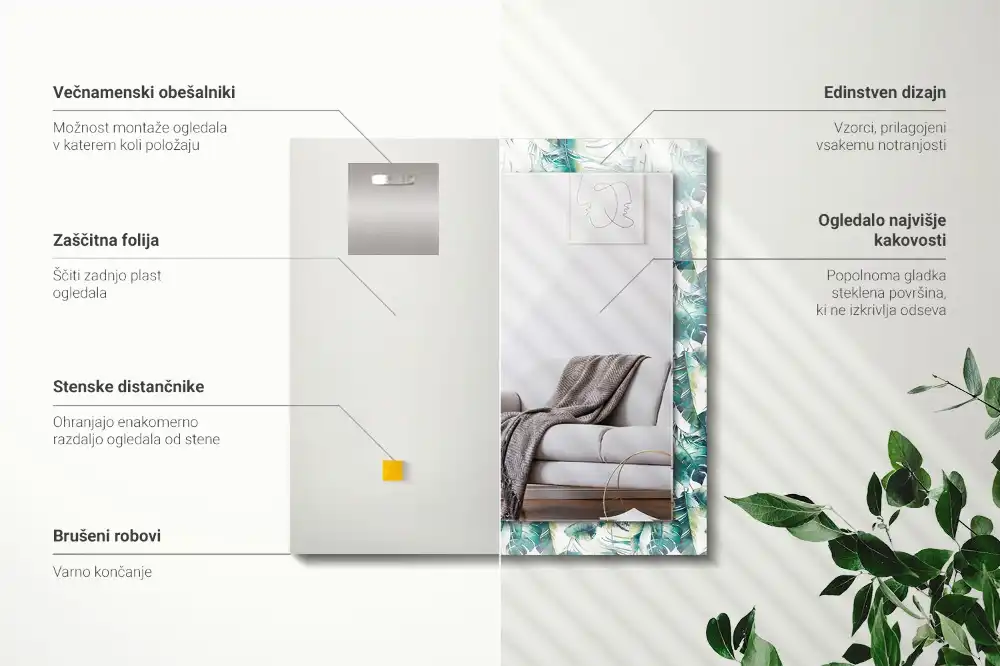Rektangulär spegel med tryck Gröna tropiska löv