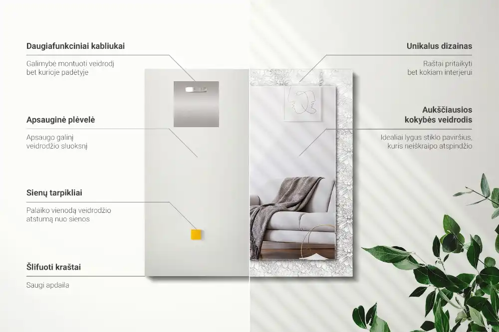 Rektangulär spegel med tryck Monokromt blommönster