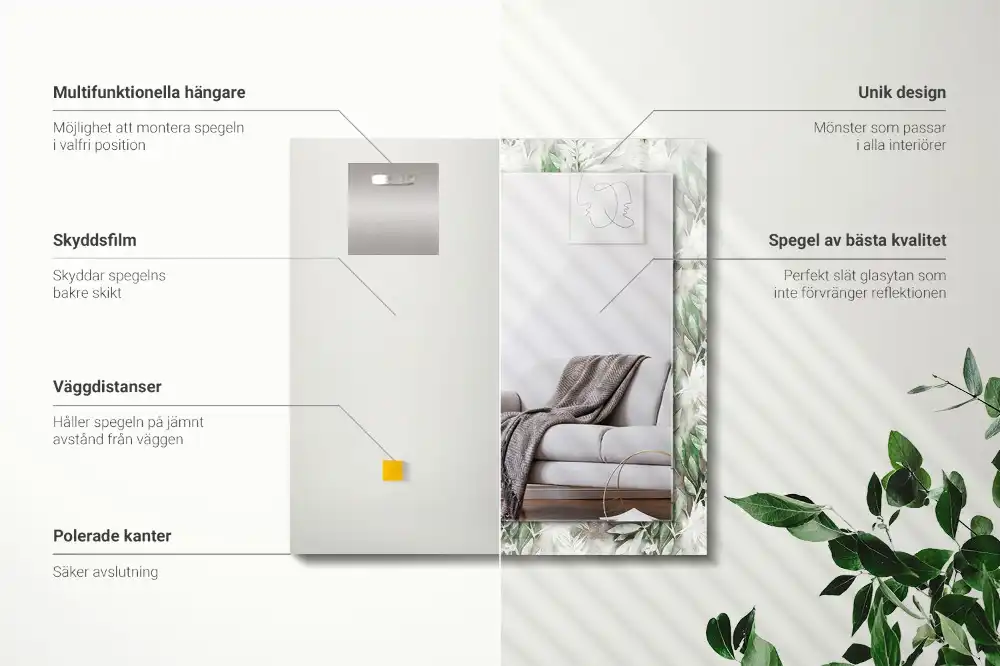 Rektangulär spegel med tryck Gröna blad mönster