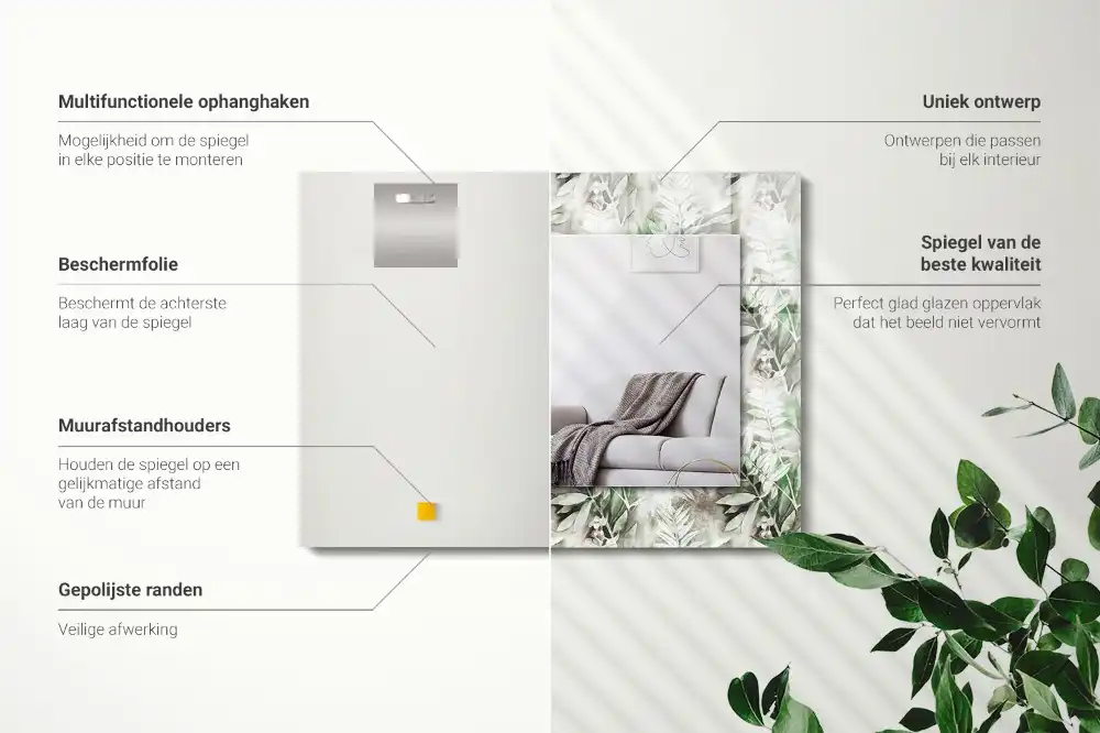 Rektangulär spegel med tryck Gröna blad mönster