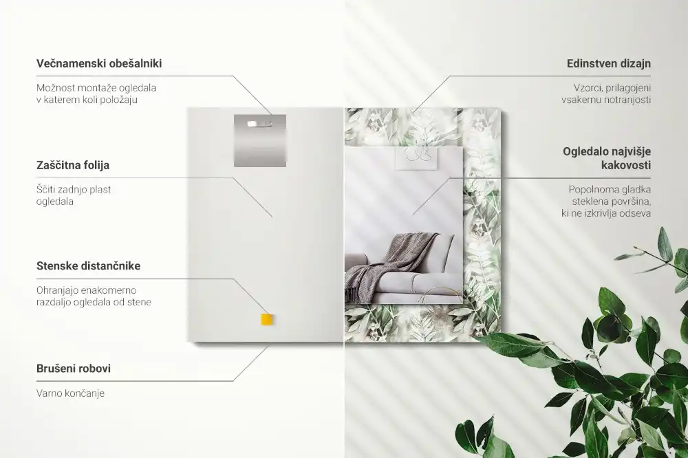 Rektangulär spegel med tryck Gröna blad mönster