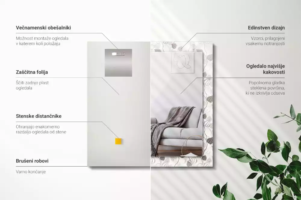 Rektangulär spegel med tryck Bladmönster