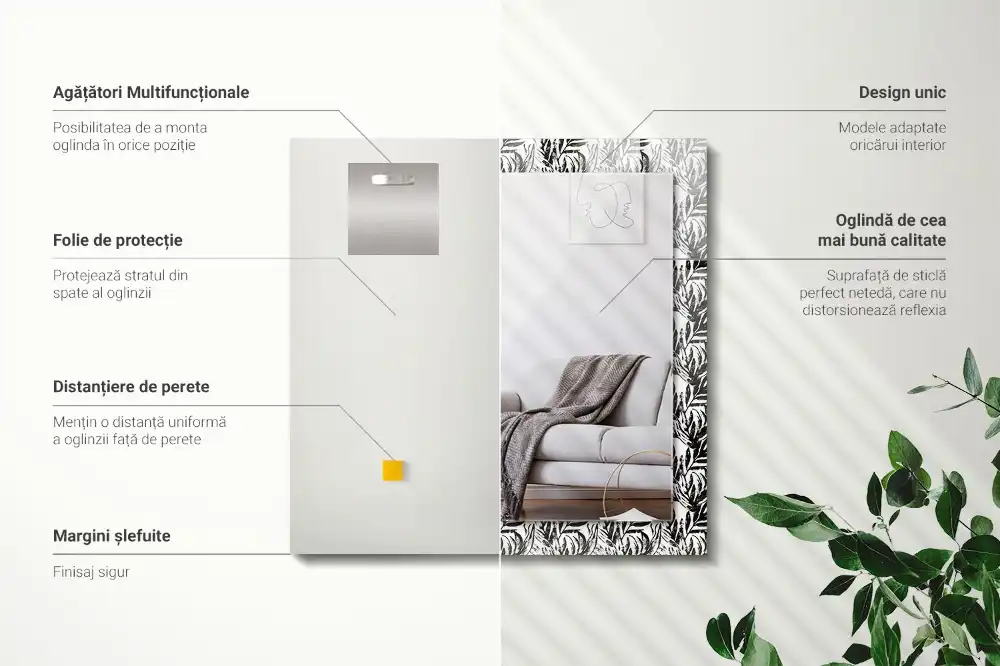 Rektangulär spegel med tryck Svarta och vita blad