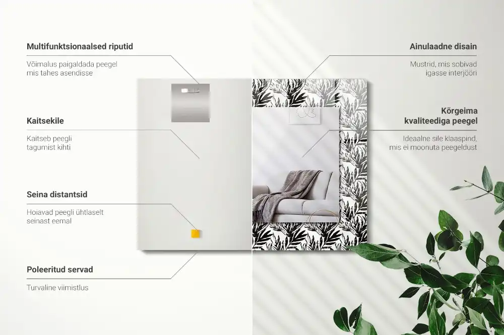 Rektangulär spegel med tryck Svarta och vita blad