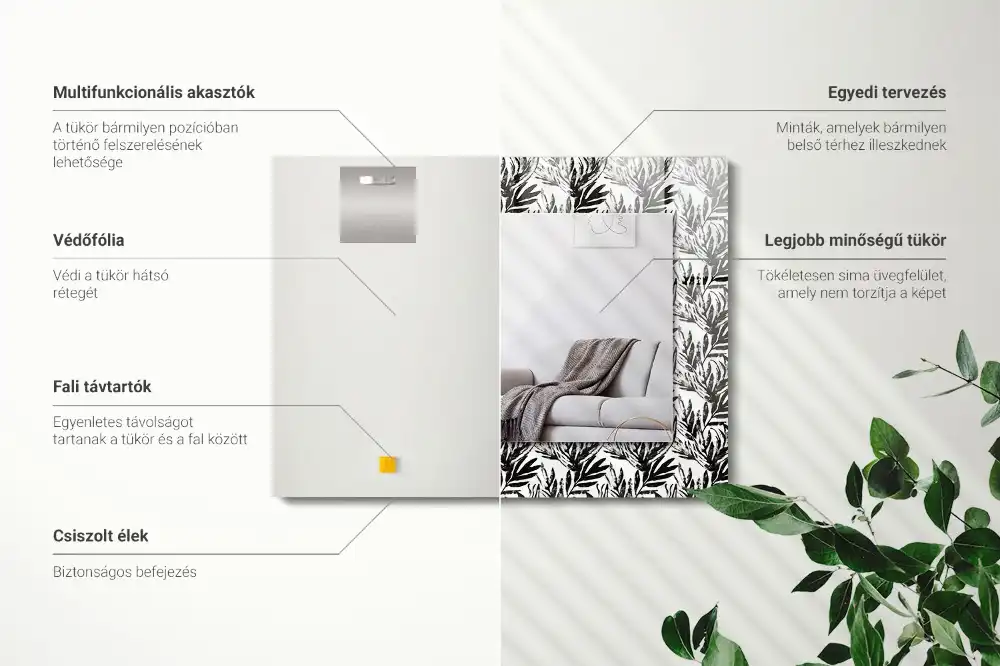 Rektangulär spegel med tryck Svarta och vita blad