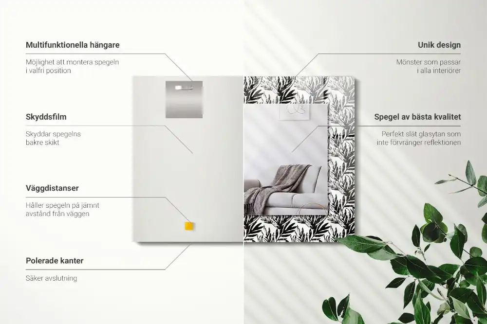 Rektangulär spegel med tryck Svarta och vita blad