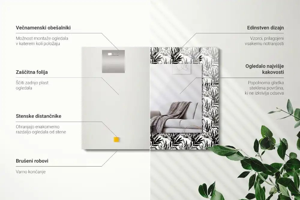 Rektangulär spegel med tryck Svarta och vita blad