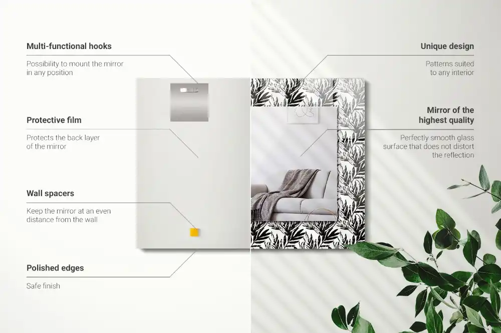 Rektangulär spegel med tryck Svarta och vita blad