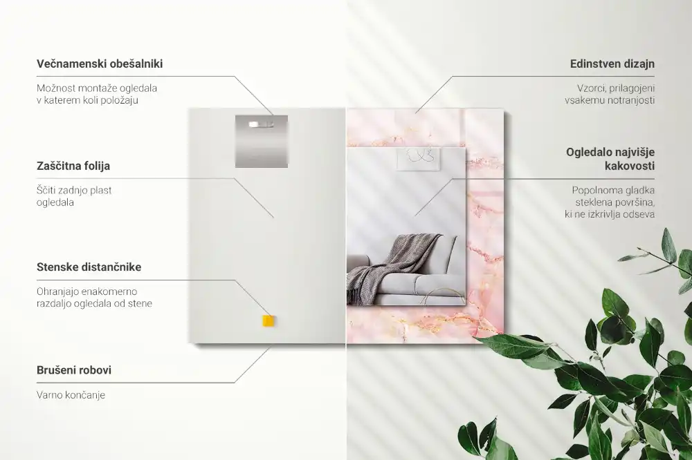 Rektangulär spegel med tryck Rosa marmormönster