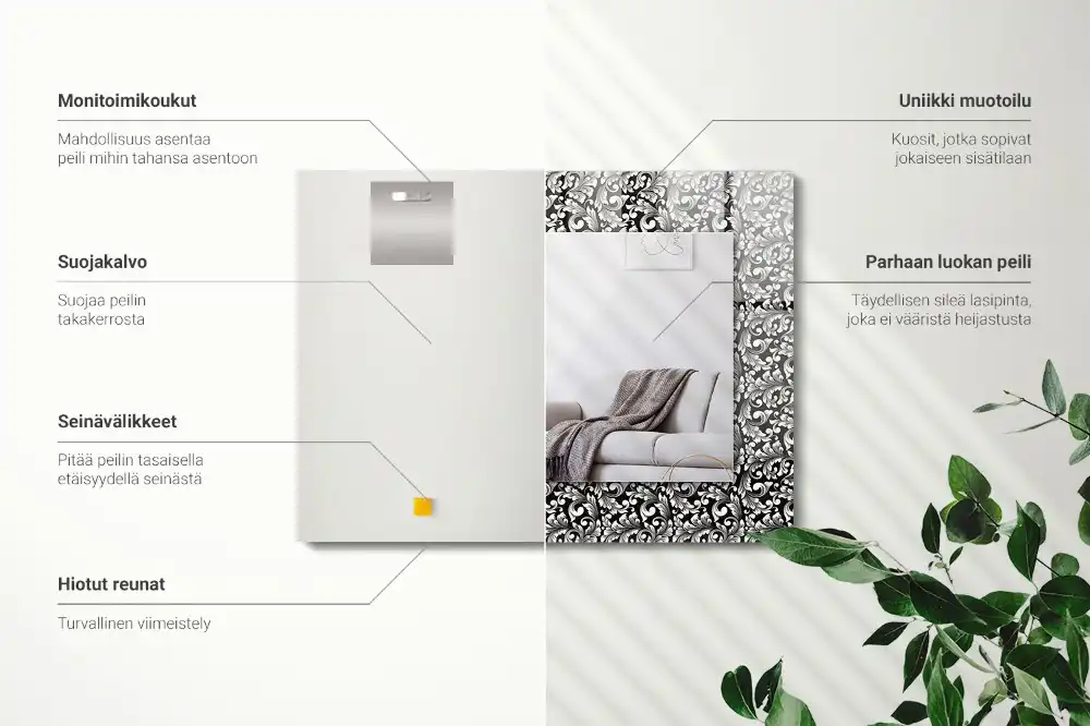 Rektangulär spegel med tryck Svarta och vita ornament