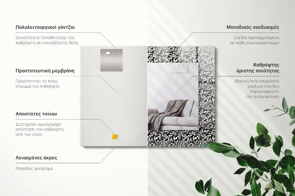 Rektangulär spegel med tryck Svarta och vita ornament